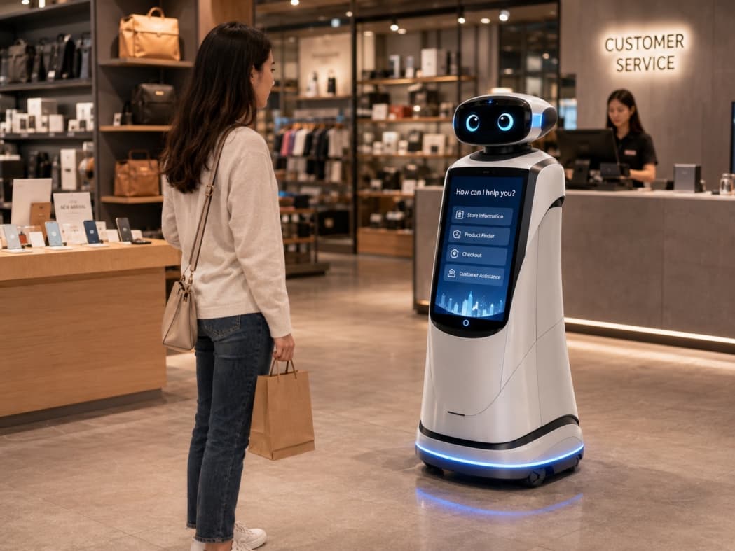 smAiT Jackie service robot assisting a customer in a retail store