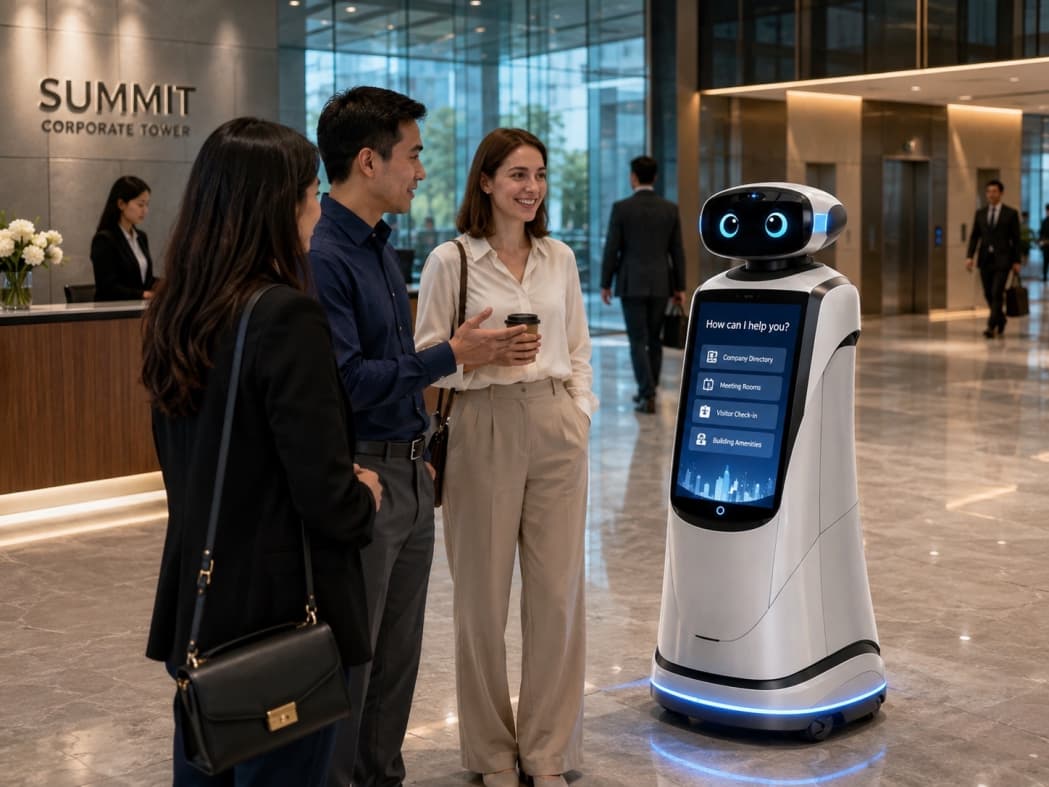 smAiT Jackie service robot greeting guests in a corporate lobby