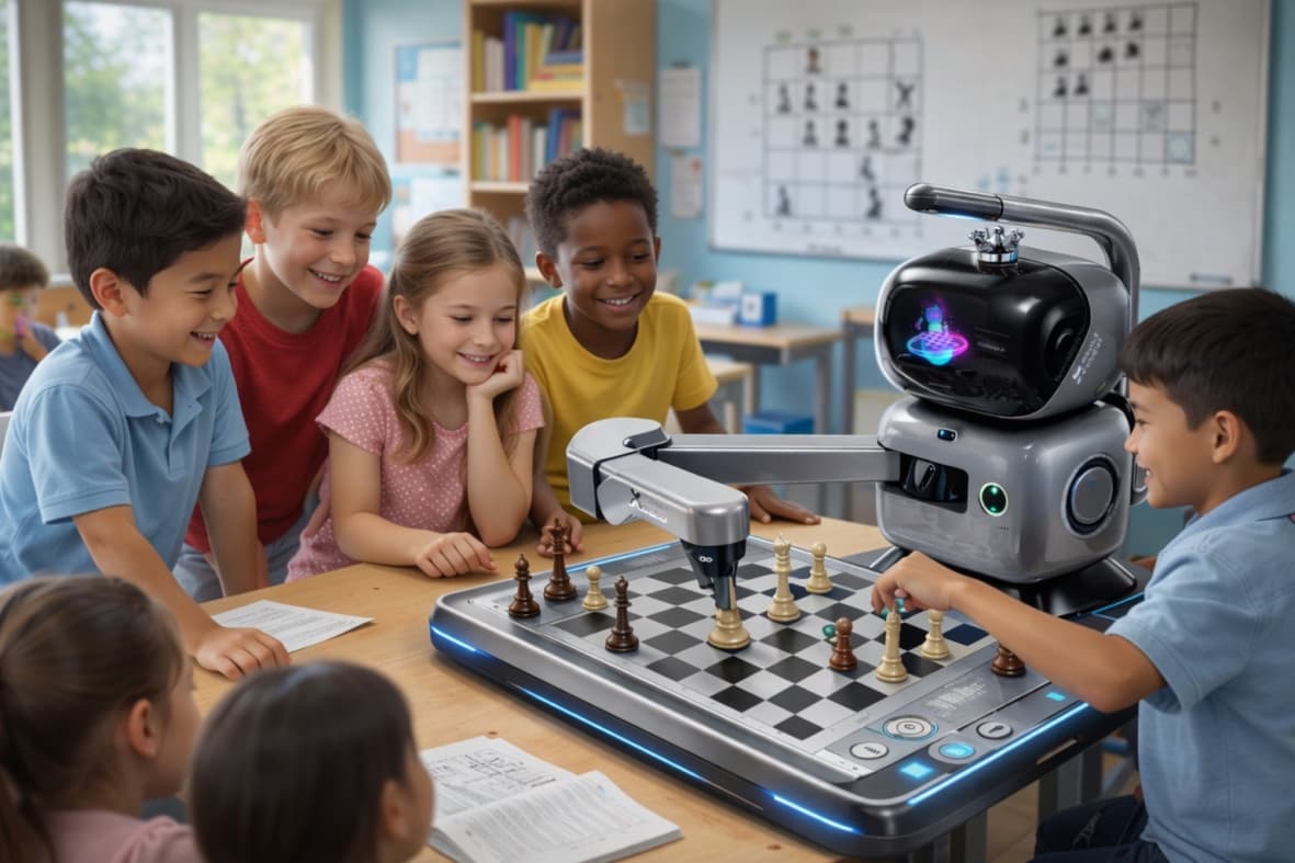 smAiT social robot playing chess with children in a classroom