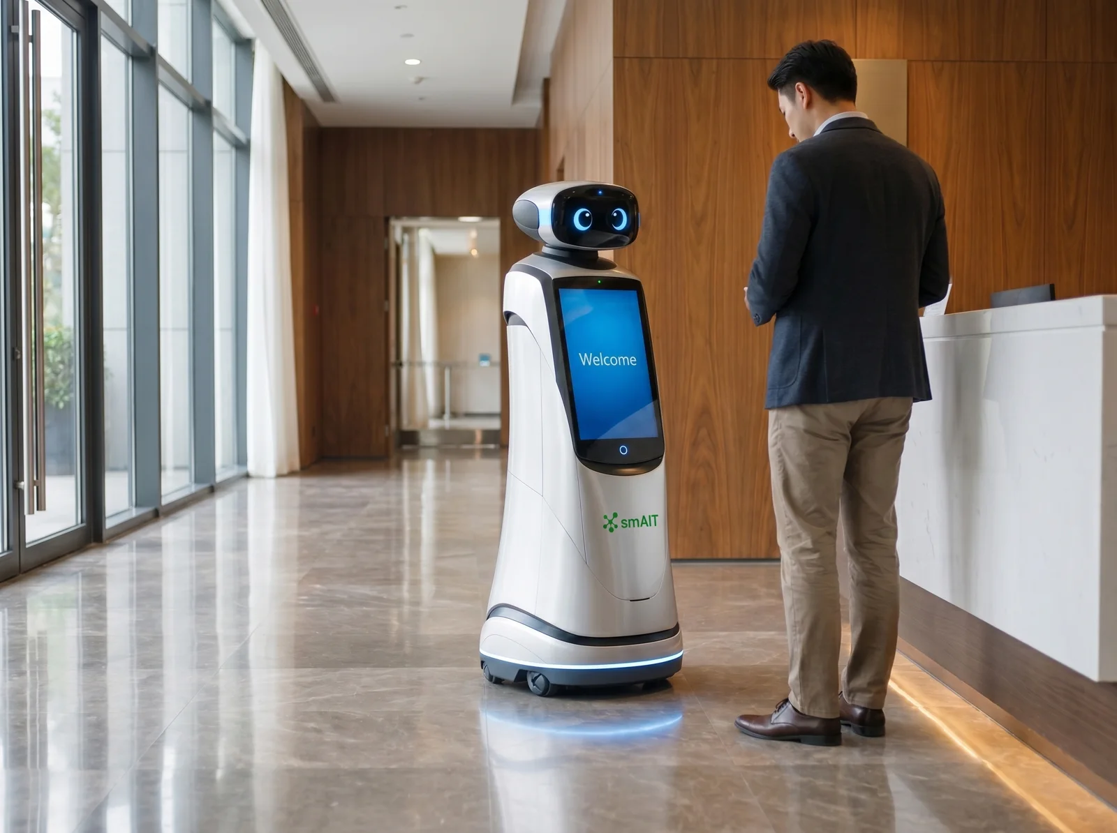 Jackie service robot greeting a guest at a reception desk in a hotel lobby