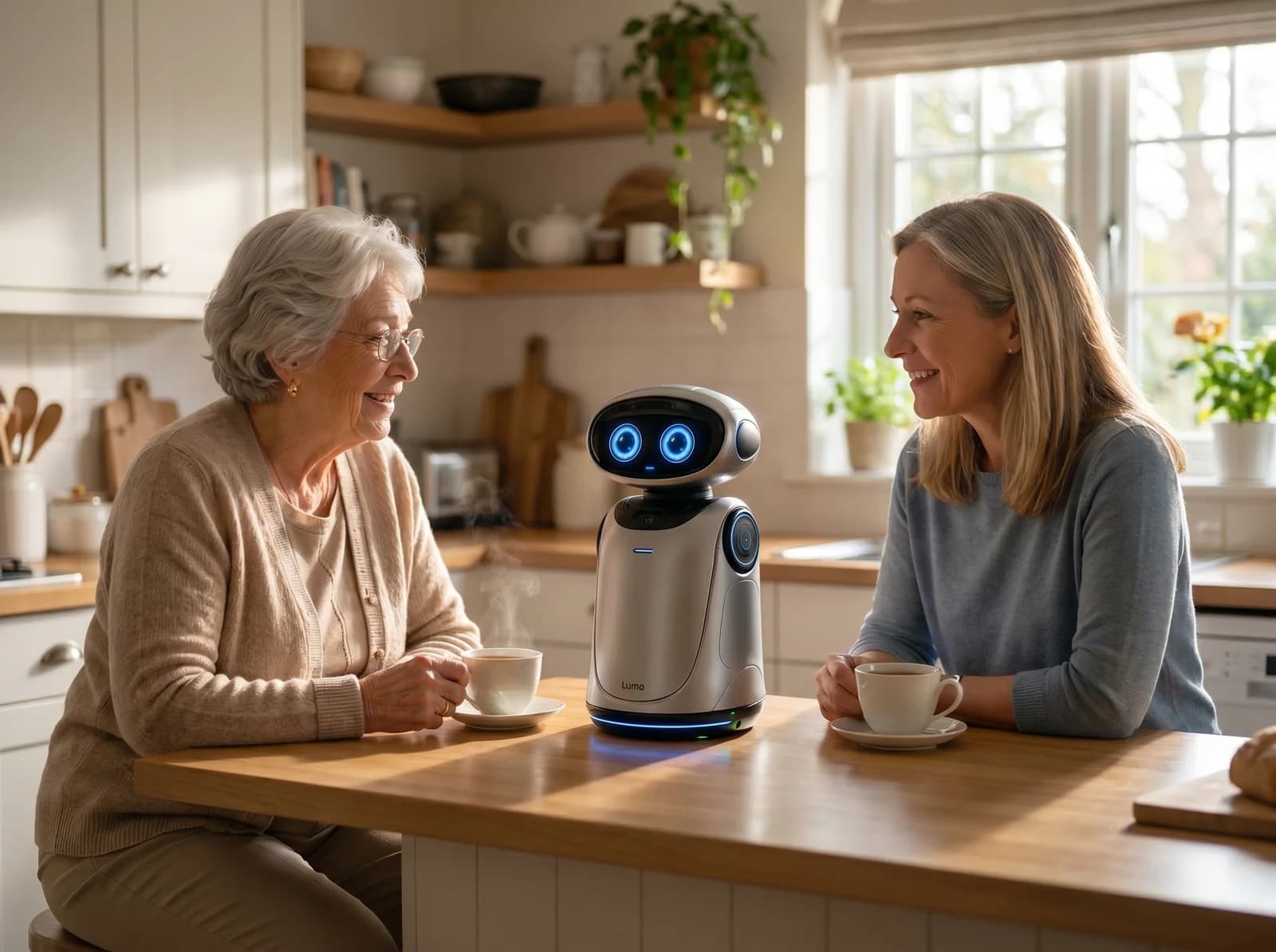 Lumo companion robot on a kitchen counter beside a smiling senior and her daughter