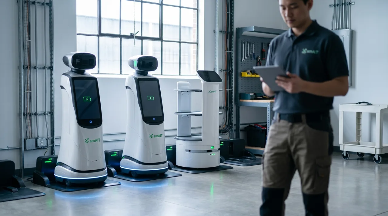 Three smAiT robots charging on their docks while a technician checks the fleet on a tablet