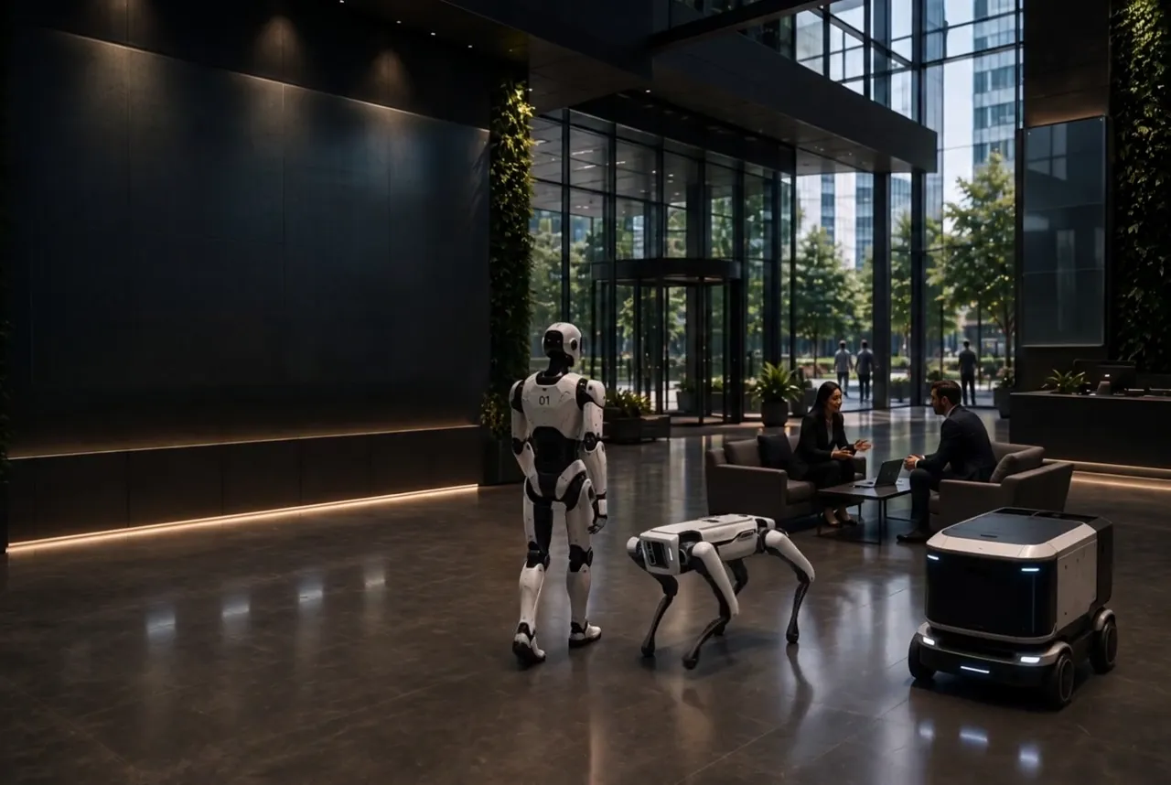 Three different robot form factors on shift in the same corporate lobby — a humanoid unit, a four-legged unit, and a wheeled delivery pod — working around seated visitors.