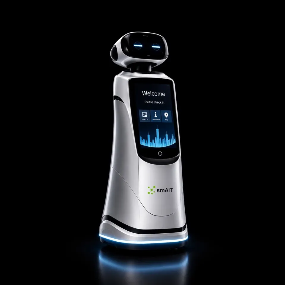 Jackie service robot kiosk showing a welcome check-in screen