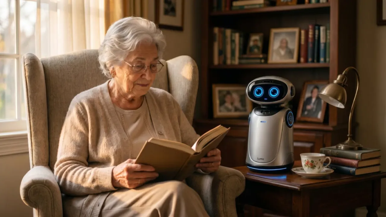 Lumo companion robot on a side table beside a senior woman reading in her armchair